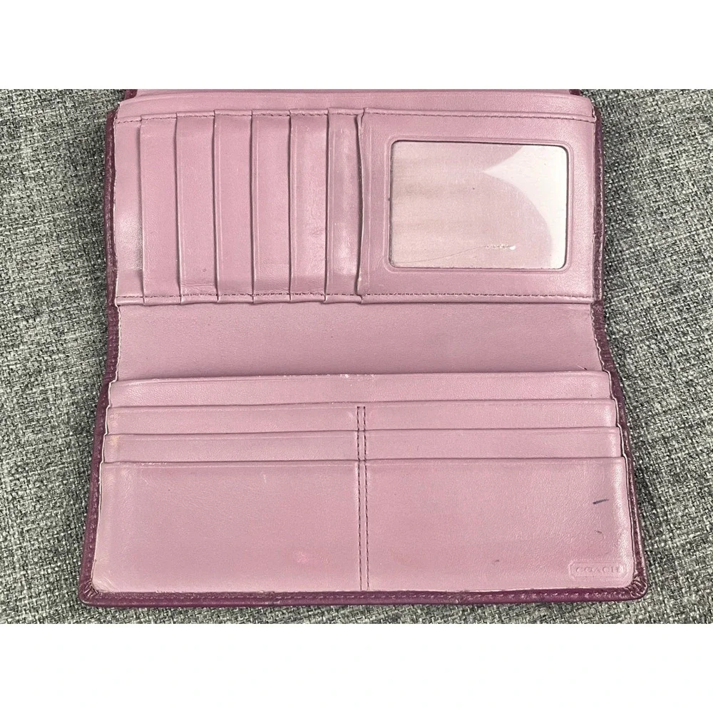 Coach Purple Leather Trifold Wallet Gold Push Lock Flap Long Organizer Wallet